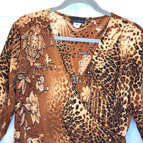 Brittany Black Sequin Animal Print Floral Wrap Blouse Size XL - Picture 3 of 6